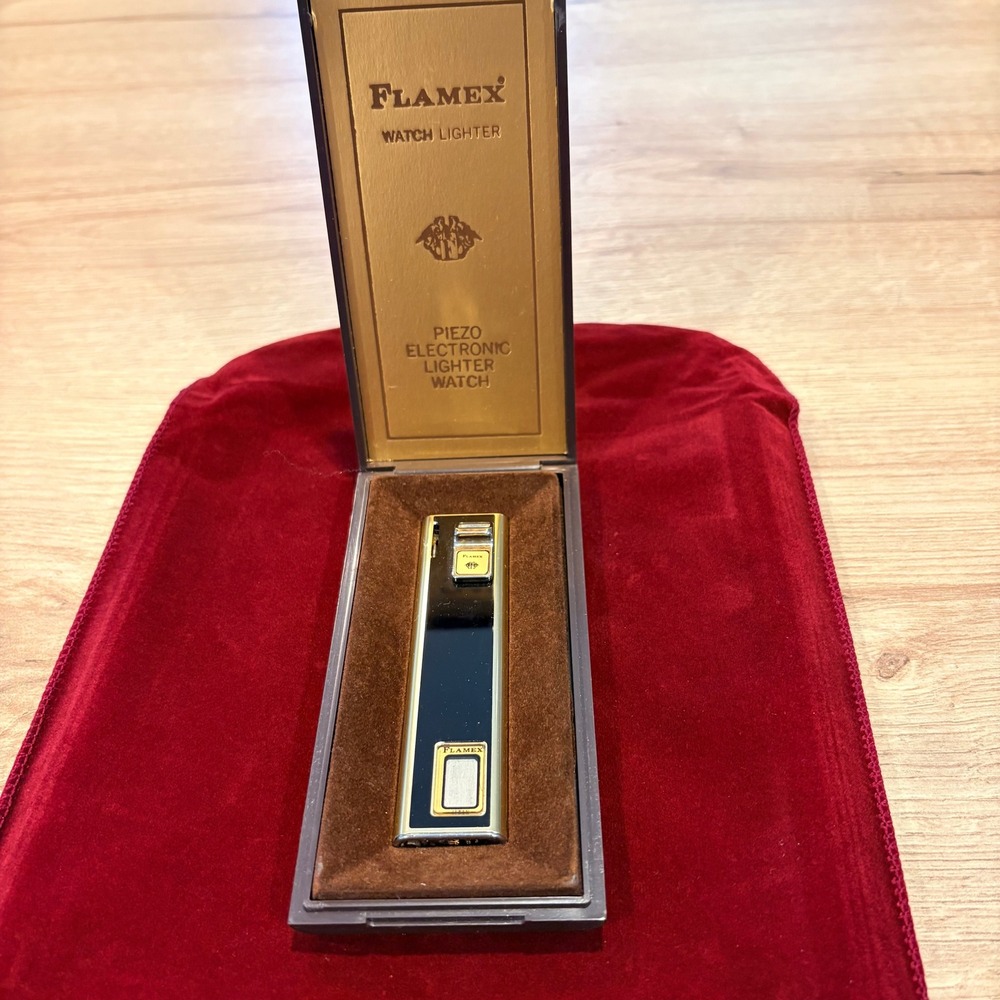 Vintage Flamex Piezo Electronic Lighter Watch Black Gold Tone Japan with Box